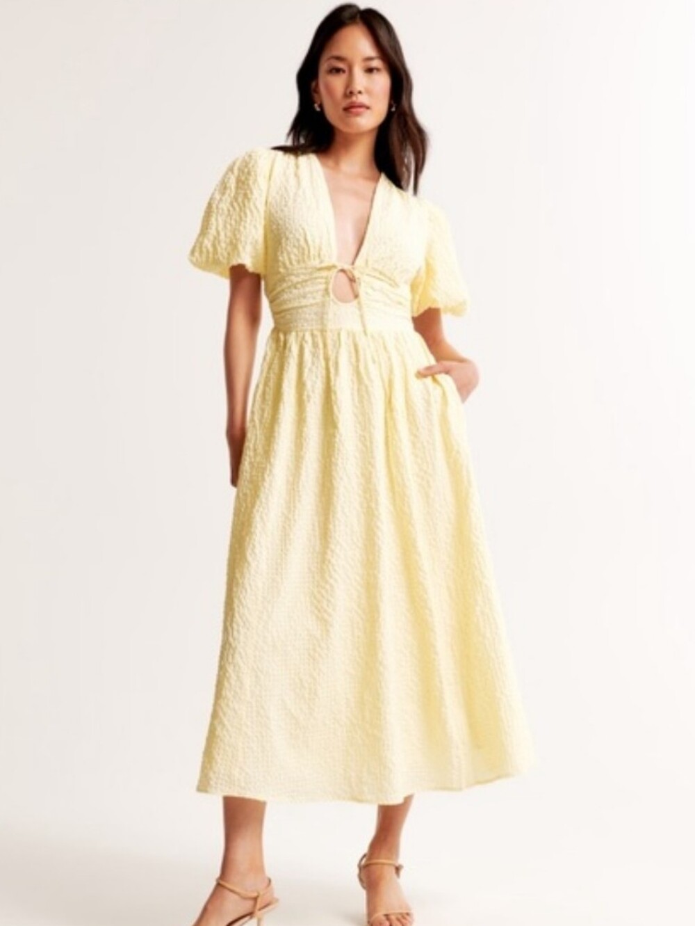Abercrombie & Fitch butter yellow puff sleeve tie-front textured maxi dress